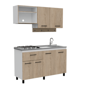 Cocina Integral Kane, Beige y Blanco, Incluye Mesón Derecho En Acero Inoxidable con Cuatro Puestos de Gas