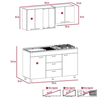 Cocina Integral Laurel, Castaño y Blanco, Incluye Mesón Derecho En Acero Inoxidable y Campana