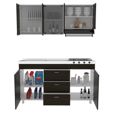 Cocina Integral Laurel, Moreno y Blanco, Incluye Mesón Izquierdo En Acero Inoxidable con Cuatro Puestos de Gas Natural