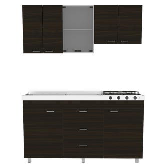 Cocina Integral Laurel, Moreno y Blanco, Incluye Mesón Izquierdo En Acero Inoxidable con Cuatro Puestos de Gas Natural