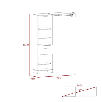 Closet Delhi 150, Blanco Nevado, con tres entrepaños y un tubo para colgar ropa
