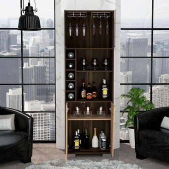 Bar Cerín, Caoba y Miel, con Dos Puertas de Vidrio y Cinco Entrepaños