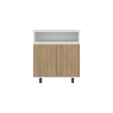 Mesa Auxiliar de Cocina Lona, Blanco Duqueza y Fresno Europeo, con 2 puertas abatibles y espacio para microondas