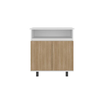 Mesa Auxiliar de Cocina Lona, Blanco Duqueza y Fresno Europeo, con 2 puertas abatibles y espacio para microondas