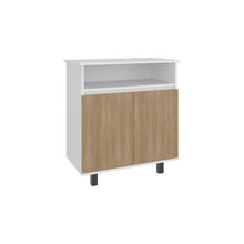 Mesa Auxiliar de Cocina Lona, Blanco Duqueza y Fresno Europeo, con 2 puertas abatibles y espacio para microondas