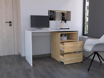 Escritorio Rook, Blanco y Fresno Europeo, con espacio para objetos decorativos ZF