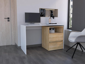 Escritorio Rook, Blanco y Fresno Europeo, con espacio para objetos decorativos ZF