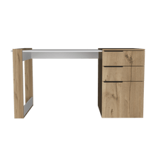 Escritorio Cosmo, Café Claro y Blanco, con Dos Cajones Multiusos y Un Cajón Archivador Adicional