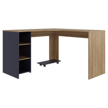 Escritorio En L Dafne, Fresno Europeo y Azul Kronos , con Dos Entrepaños y Base con Rodachinas Para Fácil Desplazamiento