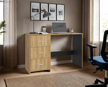 Escritorio Zoelo, Fresno Europeo y Wengue, con Tres Cajoneras Manijas Metálicas y Amplio Espacio de Almacenamiento