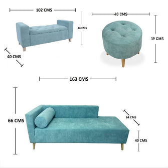 Combo sala Sofa (66x163x64) + Puff + Banqueta Baúl Verde Menta