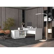 Escritorio en L Emery, Blanco Duqueza, con amplia superficie de trabajo