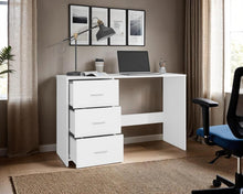 Escritorio Zoelo, Blanco Duqueza, con Tres Cajoneras Manijas Metálicas y Amplio Espacio de Almacenamiento