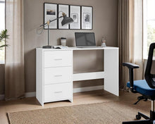 Escritorio Zoelo, Blanco Duqueza, con Tres Cajoneras Manijas Metálicas y Amplio Espacio de Almacenamiento