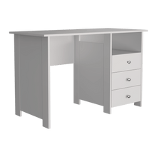 Escritorio Enzo, Blanco, con Un Entrepaño y Tres Cajones