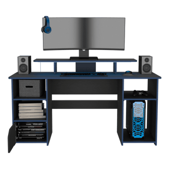 Combo Gamer , Wengue y Negro, Incluye Escritorio bordo Azul y Silla Gamer