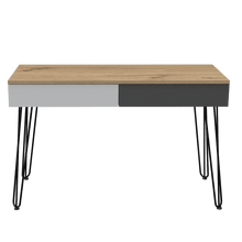 Escritorio Morcy, Café Claro, Blanco y Plata Oscuro, con Dos Cajones