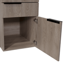 Escritorio Cosmo, Humo y Plata Oscuro, con Dos Cajones Multiusos y Un Cajón Archivador Adicional