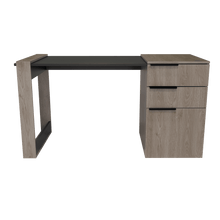 Escritorio Cosmo, Humo y Plata Oscuro, con Dos Cajones Multiusos y Un Cajón Archivador Adicional