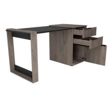 Escritorio Cosmo, Humo y Plata Oscuro, con Dos Cajones Multiusos y Un Cajón Archivador Adicional