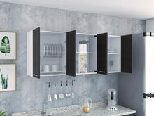 Gabinete Superior Vega, Blanco y Wengue, incluye entrepaño móvil central y dos puertas de vidrio