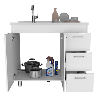 Gabinete Inferior Stella, Blanco Perla, con Dos Puertas Batientes y Tres Cajones Deslizables, con Mesón Izquierdo