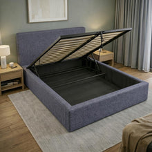 Cama Mecy Lift 140, Gris Oscuro, Tapizada, con Almacenamiento Hidráulico