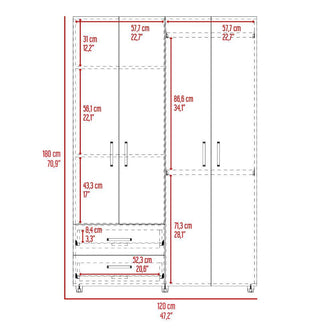 Closet Arkola, Milan y Wengue, con Dos Cajones Organizadores y Cuatro Puertas Abatibles