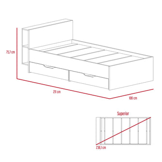 Cama Sencilla Lena, Cobre, con Detalle Funcional En La Cabecera Para Libros y Objetos Personales