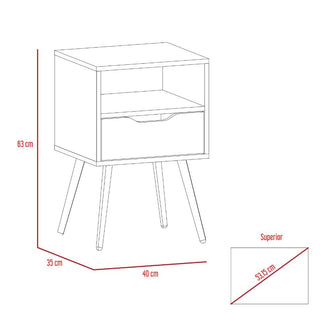 Mesa de Noche Alesio, Café Claro y Blanco, con Patas en Madera y un Cajón