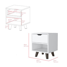 Mesa de Noche Canelo, Blanco, con Patas en Madera y un Cajón ZF X2