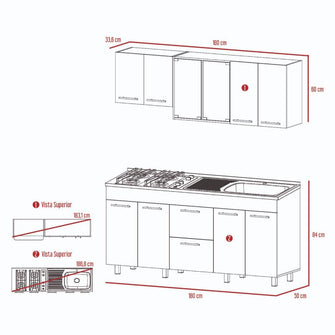 Cocina Integral Laurel, Castaño y Blanco, Incluye Mesón Izquierdo En Acero Inoxidable y Campana