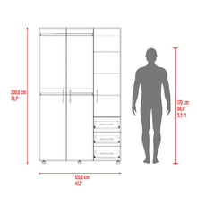 Closet Alen, Fresno Europeo Y Blanco Duqueza, Con tres puertas abatibles, tres cajones y dos tubos cromados