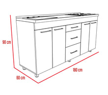 Gabinete Inferior Goya, Castaño y Blanco, Tres Cajones Centrales Multiusos y Patas de Acero