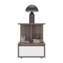 Mesa de Noche Mike, Avellana y Blanco Duqueza, con un cajon multiusos