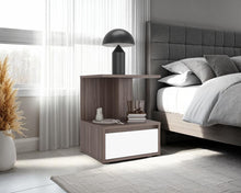 Mesa de Noche Mike, Avellana y Blanco Duqueza, con un cajon multiusos