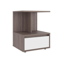 Mesa de Noche Mike, Avellana y Blanco Duqueza, con un cajon multiusos