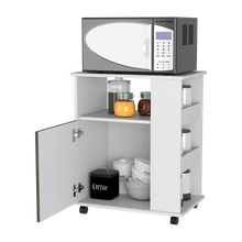 Módulo Microondas Tahara, Nogal y Blanco, con Rodachinas Plásticas y Amplio Espacio Para Almacenar Utensilios