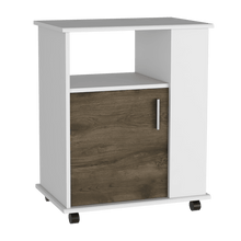 Módulo Microondas Tahara, Nogal y Blanco, con Rodachinas Plásticas y Amplio Espacio Para Almacenar Utensilios