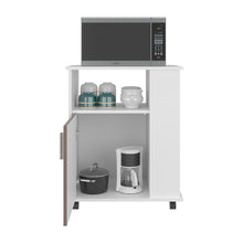 Módulo Microondas Tahara, Avellana y Blanco, con Rodachinas Plásticas y Amplio Espacio Para Almacenar Utensilios