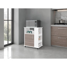 Módulo Microondas Tahara, Avellana y Blanco, con Rodachinas Plásticas y Amplio Espacio Para Almacenar Utensilios