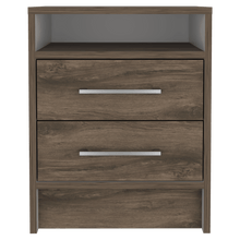 Mesa de Noche Douglas, Nogal y Blanco, con Un Entrepaño Superior y Dos Cajones Organizadores