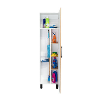 Mueble de Aseo Rayli, Fresno Europeo y Blanco, con espacio objetos de limpieza