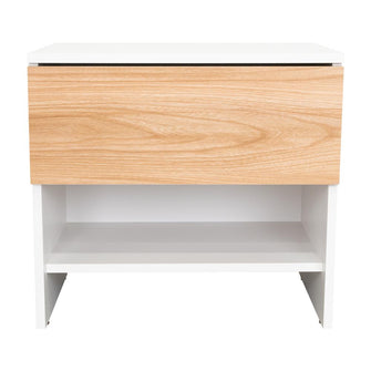 Mesa de Noche Light, Fresno Europeo y Blanco, con superficie para objetos decorativos