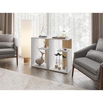 Mesa de Noche Evert, Blanco y Fresno Europeo, con diseño moderno y espacio para ubicar objetos ZF