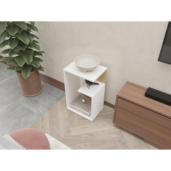 Mesa de Noche Evert, Blanco y Fresno Europeo, con diseño moderno y espacio para ubicar objetos ZF