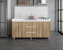 Gabinete Inferior Boreal, Blanco Duqueza y Fresno Europeo, Incluye Meson Haceb Izquierdo con Quemadores