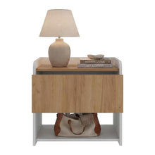 Mesa de Noche Fidelis, Kronos Blanco y Kronos Fresno, Un cajón y Amplia Superficie para poner objetos ZF