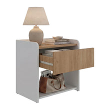 Mesa de Noche Fidelis, Kronos Blanco y Kronos Fresno, Un cajón y Amplia Superficie para poner objetos ZF