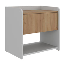 Mesa de Noche Fidelis, Kronos Blanco y Kronos Fresno, Un cajón y Amplia Superficie para poner objetos ZF